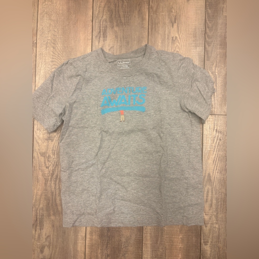 L.L. Bean Gray Tee with Bright Blue 'Adventure Awaits' Print kids size 14y